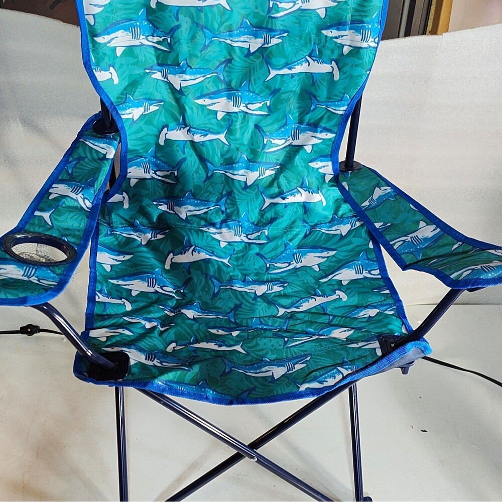 Tommy Bahama Kids Folding Chair Shark Theme Blue/Green/White w/ Cup Holder (1291
